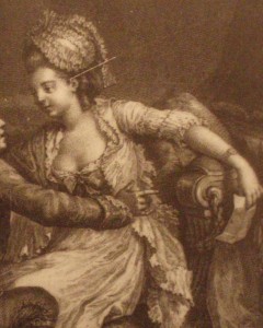 fragment obrazu Nicolasa Lavreince’a „Szczęśliwa chwila” z 1777 roku, ukazuje kobietę w ówczesnym "negliżu", przykryty krótka, falbaniastą narzutką, zwana "verte"