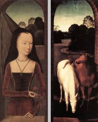kobieta z henninem na głowie - Hans Memling, Alegoria prawdziwej miłości, dyptyk, 2 połowa XV wieku